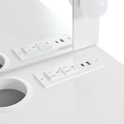 White Floating Wall Mounted Vanity Desk with LED Mirror, 3 Color Lights, Power Outlet & USB, Large Storage