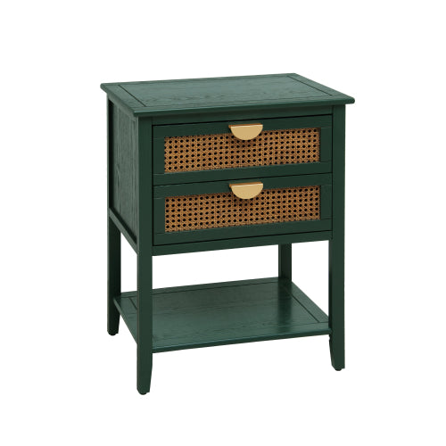 Natural Rattan 2-Drawer Stable End Side Table with Metal Handles