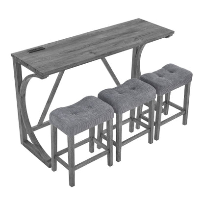 59 Inch Industrial Wood Bar Table Set with Charging Station, 4-Piece Brown Linen Upholstered Stools Dining Set