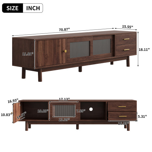 70.86 inch Dark Brown Mid Century Wave Glass Sliding Door TV Stand Pine Leg Console For 80 inch TV