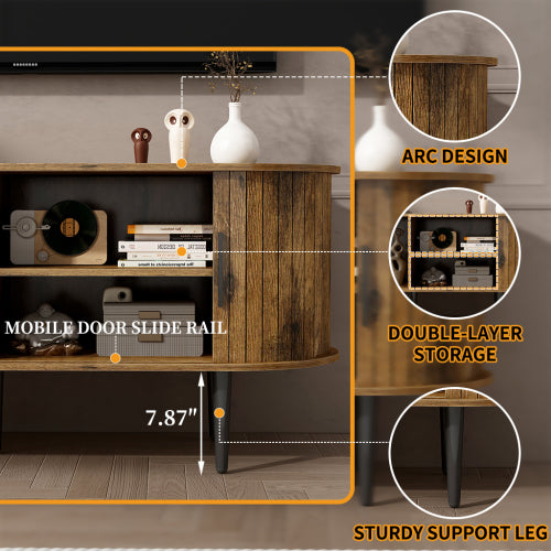 47 Inch Brown Mid-Century Fluted Sliding Door TV Console MDF Entertainment Center with Metal Legs