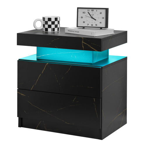 Nightstand LED Bedside Table Cabinet Lights Modern End Side with 2 Drawers for Bedroom (Black Gold)