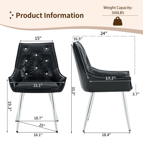 Set of 2 Black Crocodile Pattern PU Dining Chairs, Diamond Tuft Chrome Metal Leg Luxury Accent Chairs