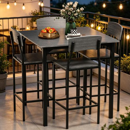 5-Piece Gray & Black Square Counter Height Dining Set, MDF & Steel Table with 4 Space-Saving Stools