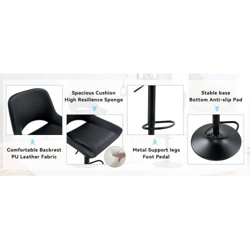 Modern Swivel Adjustable Bar Stools Set - 2 Pack, Black PU Material, with Footrest, Holds Up to 250 lbs, Suitable for Home Bars and Kitchen Islands .