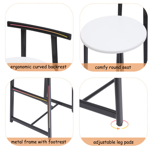 Bar Stools Kitchen Island Bar Chairs Set of 3 Metal Counter Barstools with Backrest for Dining Pub Room (Black & White)