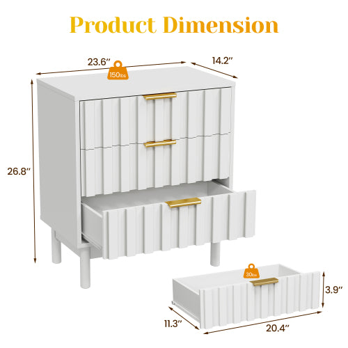 White 3-Drawer Fluted Dresser, P2 MDF, 23.6inch*14.2inch*26.8inchH