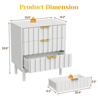 White 3-Drawer Fluted Dresser, P2 MDF, 23.6inch*14.2inch*26.8inchH