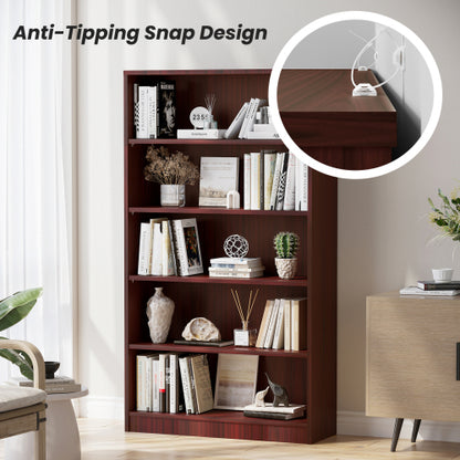 60 Inch Tall 5-Shelf Adjustable Cherry Wood Bedroom Bookcase