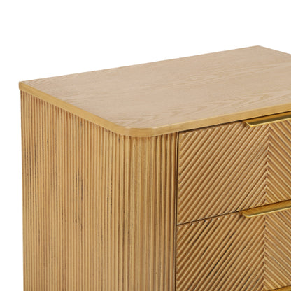 Mid-Century Fluted 3 Drawers Nightstand, Bedside Table with Curved Profile Design and Wide Gold Glossy Handles, End Table for Living Room, Bedroom, Easy Assembly, Natural
