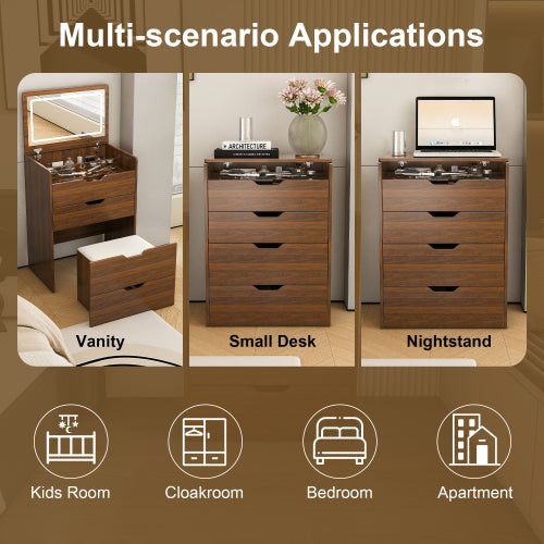 Walnut 3-in-1 Flip-Top LED Vanity Desk 23 inch L, HD Shatter Resistant Mirror & Storage Stool