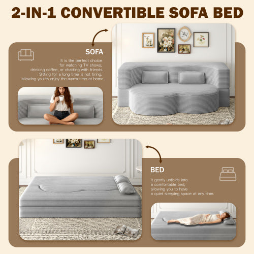 Light-Grey Twin-Size Corduroy Convertible Floor Sofa-Bed,2 Pillows