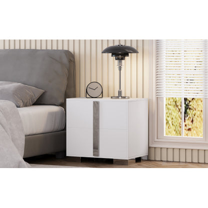 Modern End Table with Drawers, Elegant Nightstand with Metal Foot,Wood Bedside Table with Mirrored Metal Handles,Sofa Side End Table for Bedroom Living Room Office,White