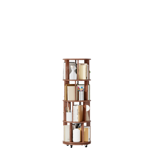 Solid Wood 360° Rotating 4-Tier Wheel Mobile Walnut Bookshelf