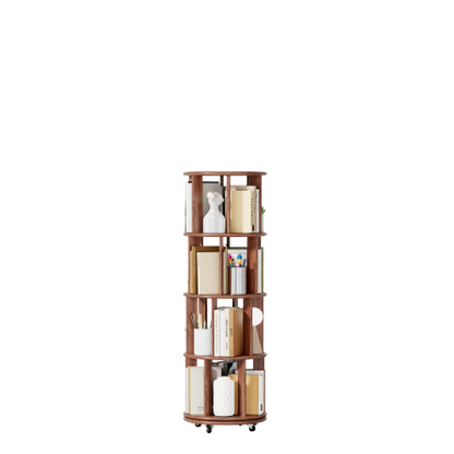 Solid Wood 360° Rotating 4-Tier Wheel Mobile Walnut Bookshelf