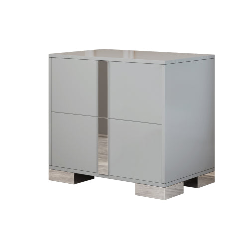 Elegant Nightstand with Metal Foot, Mirrored Bedside Table with 2 Drawers for Bedroom, Living Room, Gray