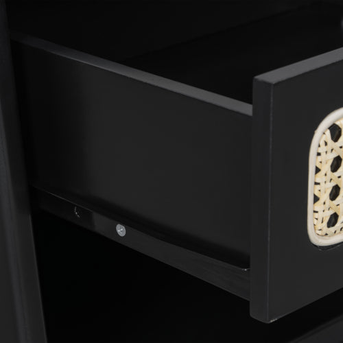 Black Nightstand with Rattan Detail, MDF + Solid Wood, Modern Bedroom Storage, Open Shelf & Drawer, Indoor Furniture