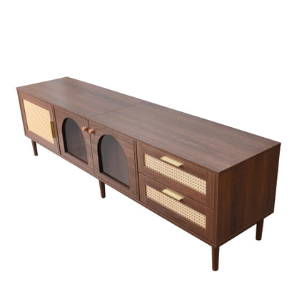 70.8 inch Dark Brown App Control LED Rattan TV Stand Glass Storage For 80 Inch TV