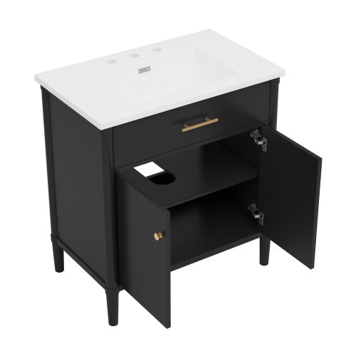31" Bathroom Vanity with Sink, Bathroom Cabinet with Soft Close Doors and Adjustable Shelf, Curved Profile Design, Rubber Wood Legs, Black