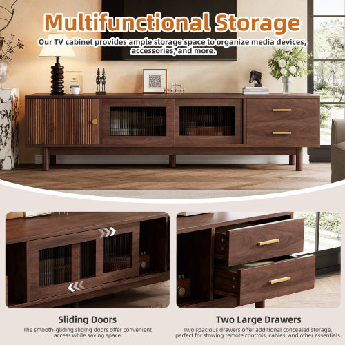 70.86 inch Dark Brown Mid Century Wave Glass Sliding Door TV Stand Pine Leg Console For 80 inch TV