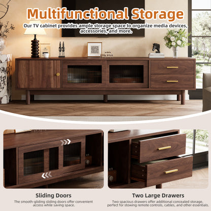 70.86 inch Dark Brown Mid Century Wave Glass Sliding Door TV Stand Pine Leg Console For 80 inch TV