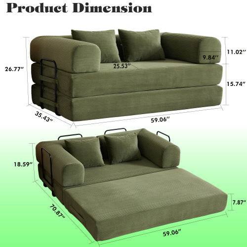 59-Inch Green Corduroy Convertible Sleeper Sofa-Bed Fixed-Shape Metal-Frame Floor Lounge Couch with Cylindrical Pillow No-Assembly