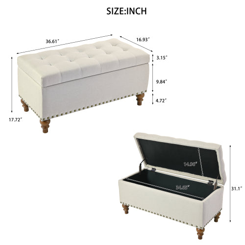 36.61 inch Linen Storage Ottoman Bench with Safety Hinge, Beige