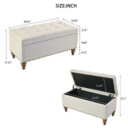 36.61 inch Linen Storage Ottoman Bench with Safety Hinge, Beige