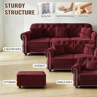 Burgundy Modular Velvet Ottoman, Matching Sofa Footstool, 31.5 inchx23.6 inchx16.5 inch, 300 LBS Capacity for Apartment & Living Room