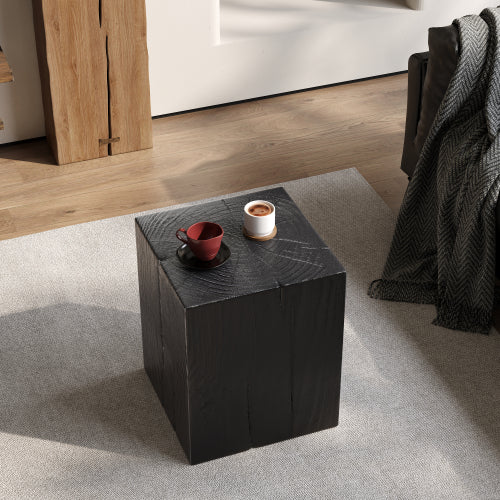 Wood-Look Square-Column MGO End Table, H18",Wood-Like Distressed Finish, Mix with Different Heights, Indoor Outdoor Use,Black Color
