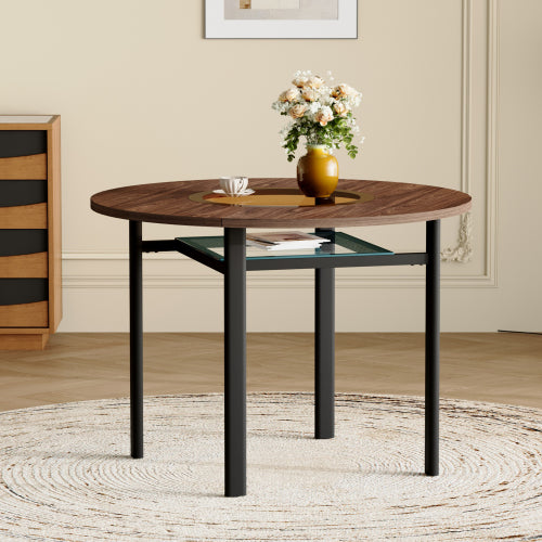 Round Wood Grain Dining Table with Glass Inlay & Glass Shelf