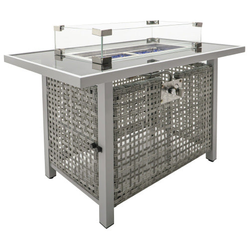 43 Propane Gas Fire Pit Table, 60000 BTU Rectangular Open Weave Wicker Fire Pit with Glass Wind Guard for Outside Patio Deck Garden Backyard
