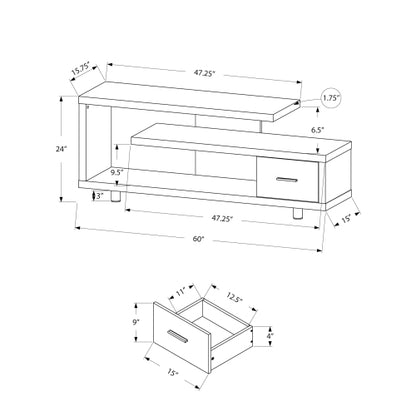 60 Inch Gloss White Art-Deco TV Stand with Right Storage Drawer & Triple Wide Tabletops