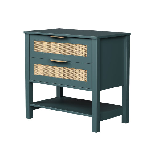 Rattan Nightstand with 2 Drawers and Storage Shelf Boho Bedside Narrow Side Table for Bedroom