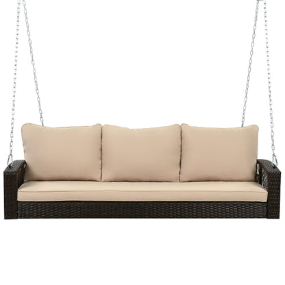 GO 69" PE Wicker 3-Person Porch Swing with Chains, Large Patio Swing Bench with Cushions for Backyard