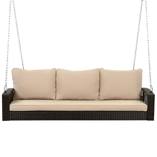 GO 69" PE Wicker 3-Person Porch Swing with Chains, Large Patio Swing Bench with Cushions for Backyard