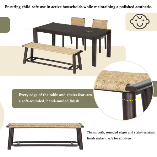 Farmhouse Modern Solid Wood Rattan Bench - 59 Inch Indoor & Covered Outdoor Bench Walnut  Finish Multi-Functional Design