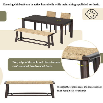 Farmhouse Modern Solid Wood Rattan Bench - 59 Inch Indoor & Covered Outdoor Bench Walnut  Finish Multi-Functional Design