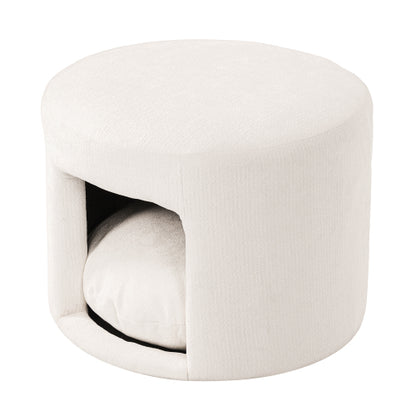 23.6 inch Round Beige Pet-Friendly Ottoman with Hidden Pet Nook, Acacia Legs, 220 LBS Weight Capacity