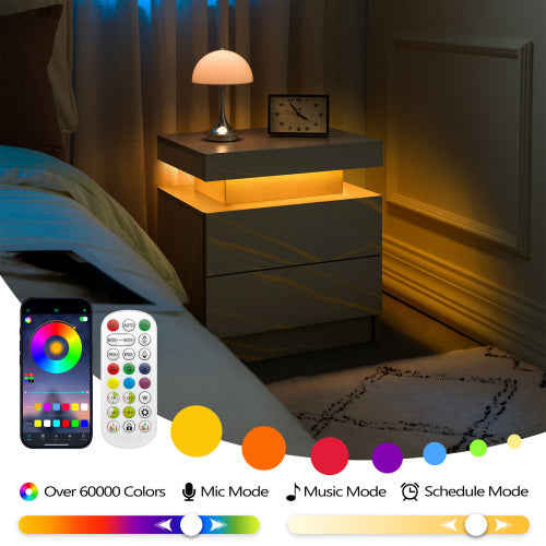 Nightstand LED Bedside Table Cabinet Lights Modern End Side with 2 Drawers for Bedroom (Grey Gold)