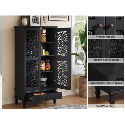 55 Inch Rustic Storage Cabinet with Drawer Carved Doors Black Accent Cabinet