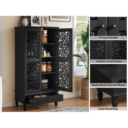 55 Inch Rustic Storage Cabinet with Drawer Carved Doors Black Accent Cabinet
