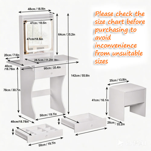 Vanity Set for Small Bedrooms - Small Space Makeup Vanity with Stool, Compartmentalized Drawers & 20cm Foldable Side Tables (Left and Right)