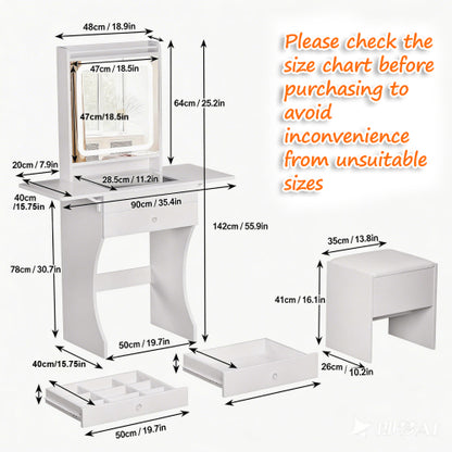 Vanity Set for Small Bedrooms - Small Space Makeup Vanity with Stool, Compartmentalized Drawers & 20cm Foldable Side Tables (Left and Right)