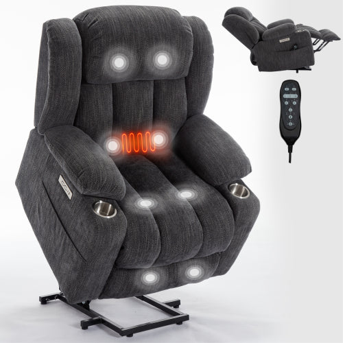 Up to 350 LBS Chenille Power Lift Recliner Chair, Heavy Duty Motion Mechanism with 8-Point Vibration Massage and Lumbar Heating, USB and Type-C Ports, Stainless Steel Cup Holders, Grey
