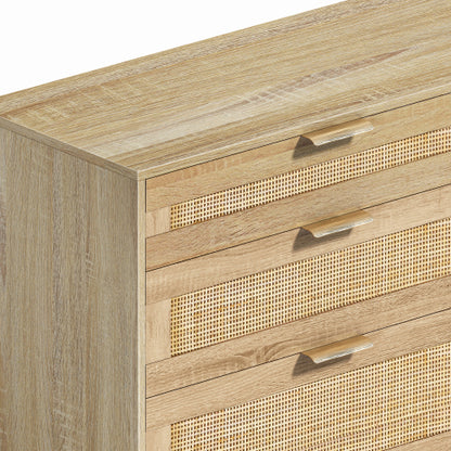 Natural Tone 6-Drawer Rattan Bedroom Storage Dresser With Metal Handle