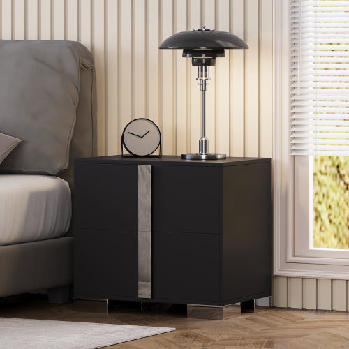 Modern End Table with Drawers, Elegant Nightstand with Metal Foot,Wood Bedside Table with Mirrored Metal Handles,Sofa Side End Table for Bedroom Living Room Office,Black