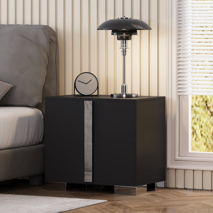 Modern End Table with Drawers, Elegant Nightstand with Metal Foot,Wood Bedside Table with Mirrored Metal Handles,Sofa Side End Table for Bedroom Living Room Office,Black