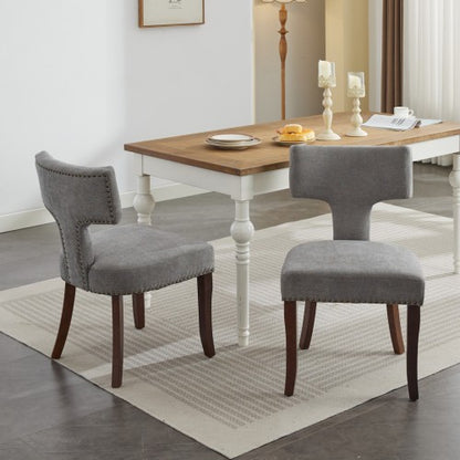 Set of 2 Gray Linen Mid-Century Farmhouse Dining Chairs, Copper Nail Curved Back Walnut Solid Wood Legs 300lbs Capacity