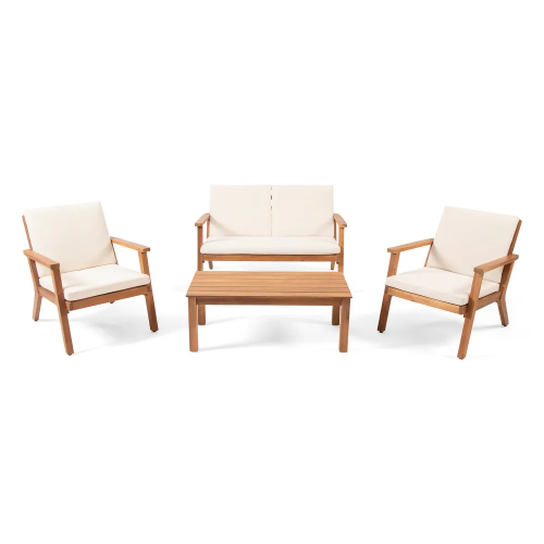 Temecula Outdoor Acacia Wood 4-Seater Chat Set_Loveseat&Coffee Table&2 Club Chairs - Brown Patina Finish + Cream Cushion